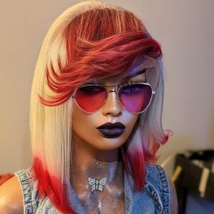 13*6 Red and White Human Hair Lace Front Bob